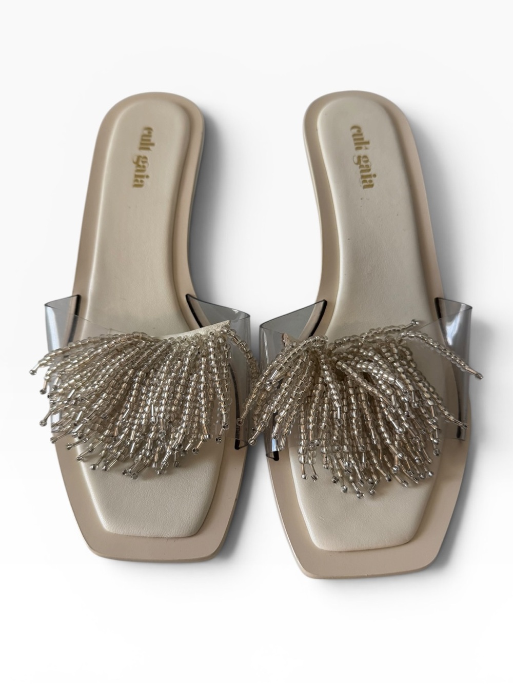 Cult Gaia Uma beaded fringe slip on open toe mules sandals